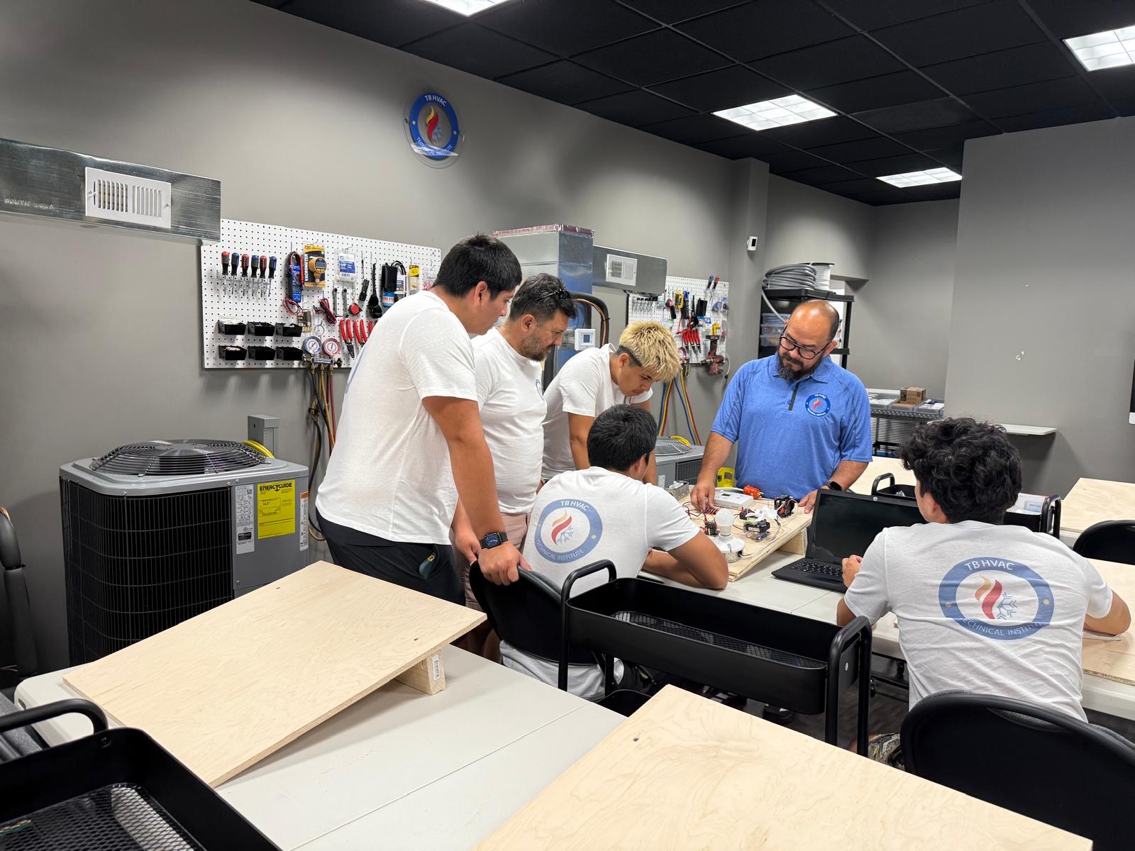 Instructor teaching HVAC students in the lab